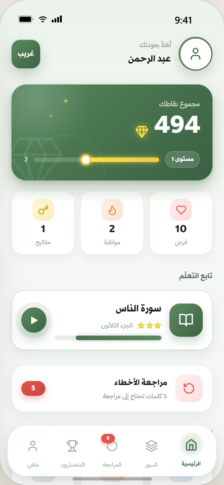 الشاشة الرئيسية — النقاط والمستوى